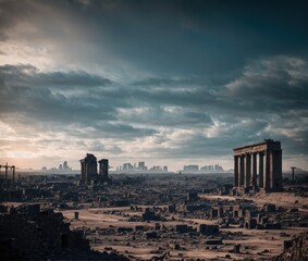 A city in ruins, with buildings in the background and a large stone structure in the foreground.