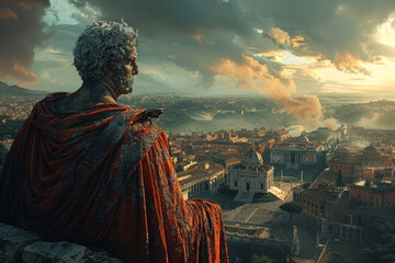 Majestic Quirinus, the deified Romulus, watches over the city of Rome from his celestial throne, guiding its destiny with divine providence.  Generative Ai. - obrazy, fototapety, plakaty
