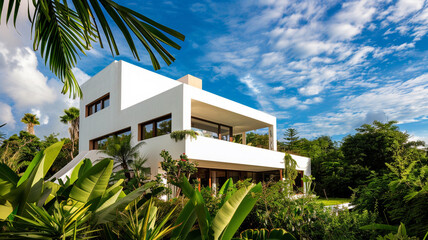 Fototapeta na wymiar A radiant white villa against the backdrop of an azure sky and lush greenery, epitomizing the harmony of nature and contemporary architecture.