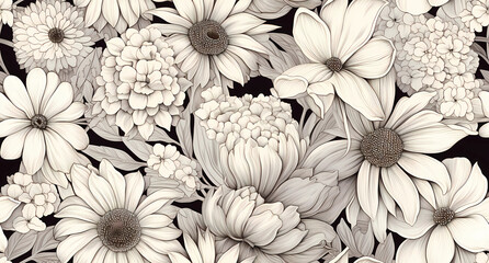 A detailed black and white drawing of various flowers