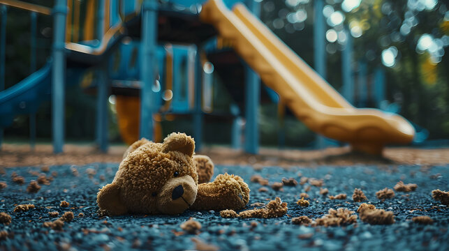 A teddy bear laying on the ground of an empty playground