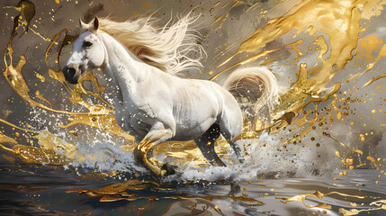 Fototapeta premium A white horse with golden mane and tail