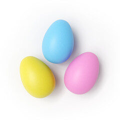 Three Easter Eggs Pastel Colors White Background with Shadow Close-up
