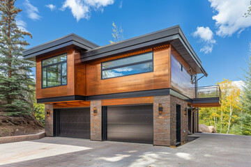 High-end modern home, newly built, with a two-car garage, wrapped in a chic copper siding and complemented by a natural stone wall trim. - obrazy, fototapety, plakaty
