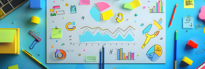A whiteboard with colorful doodles of graphs and charts