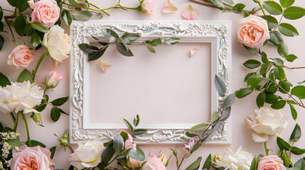 A white photo frame with delicate pink and cream roses