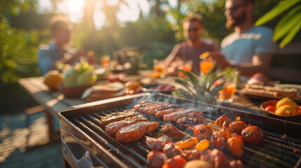 Friends gather around a grill with sizzling food, enjoying a warm summer evening outdoors with fresh fruits and salads on the table - Generative AI