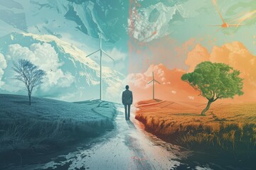 Man at crossroads deciding between two paths, environmental protection and sustainability concept, digital illustration - obrazy, fototapety, plakaty