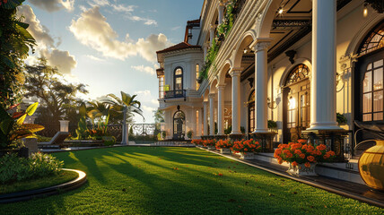 Luxe residence facade with a vibrant lawn, leading to a sophisticated, ornately crafted porch, in high-resolution afternoon light. - obrazy, fototapety, plakaty