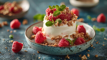 A dessert with raspberries and nuts on top of a blue plate