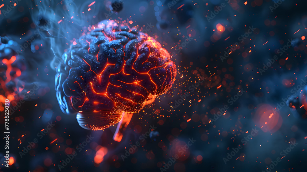 Poster abstract brain and fire particles background with glowing elements