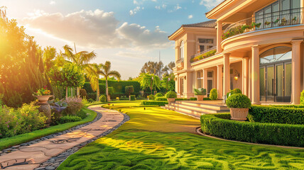 Radiant facade of a grand luxury home with a neatly landscaped lawn, decorative pathway leading to a stylish porch, in the afternoon sun. - obrazy, fototapety, plakaty