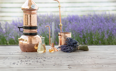 Distillation of lavender essential oil and hydrolate. Copper alambik for the flowering field. - 778523083