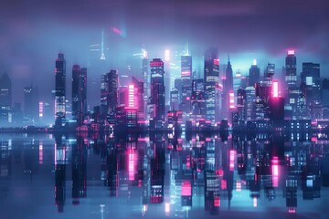 Neon-lit metropolis reflecting on water at night, futuristic cityscape with high-rise buildings, 3D render