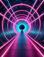 An immersive neon-lit tunnel drawing the viewer into its vanishing point, embodying a cybernetic and vibrant journey.