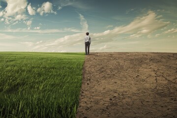 A businessman stands at the edge where a lush green field meets a barren desert, symbolizing a critical decision or change. Businessman Standing at Crossroads of Green and Arid Land