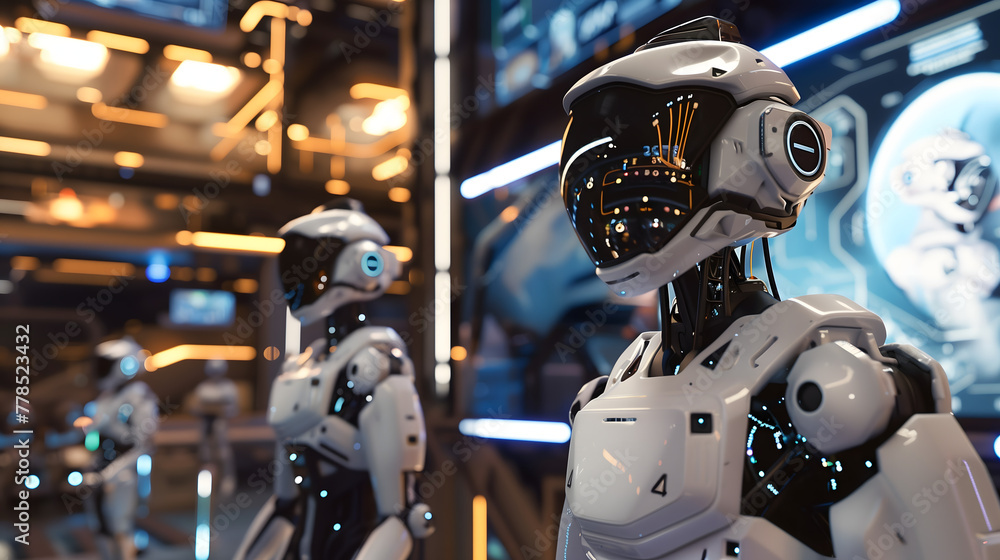 Aufkleber a group of humanoid robots with digital heads in an ai-themed space, showcasing advanced technology 