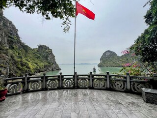 Beautiful terrace in Dau Go island in Halong Vietnam overlooking Halong Bay