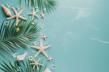 an empty design with palm leaf, and starfish on a blue background, in the style of light beige and silver, 3840x2160, stereotype photography, gemstone, animated gifs, antique subjects - generative ai - obrazy, fototapety, plakaty