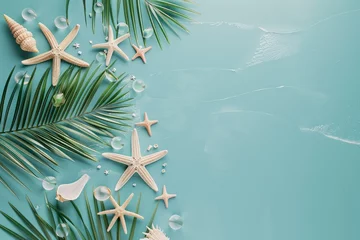 Foto auf Alu-Dibond an empty design with palm leaf, and starfish on a blue background, in the style of light beige and silver, 3840x2160, stereotype photography, gemstone, animated gifs, antique subjects - generative ai © Nia™