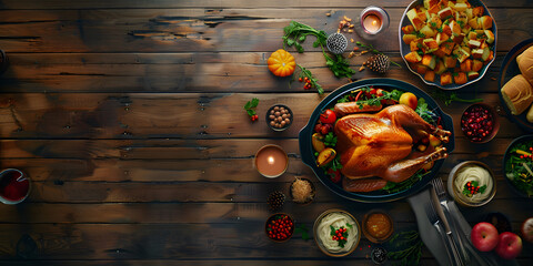 An emotive display of a traditional turkey dinner with side dishes on a dark wooden background - obrazy, fototapety, plakaty