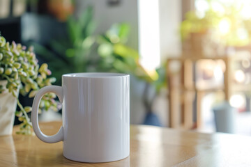 White blank coffee mug on the top of wooden table and blurred interior background. Blank coffee cup mug mockup template