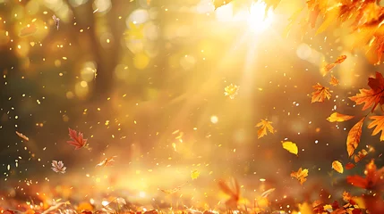 Fototapeten Autumn landscape with golden leaves and rays of sunlight © Oleksandr