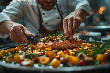 A chef prepares a gourmet meal, but with subpar ingredients, masking the lack of quality with presentation and flair. Generative Ai.