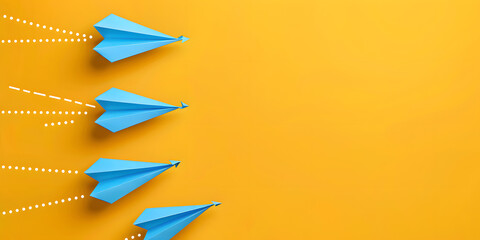 Blue paper airplanes flying in different directions on a yellow background with copy space area for business concept and ideas - obrazy, fototapety, plakaty