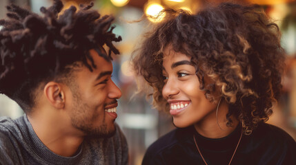 A smiling young couple enjoys each others company, engaging in a light-hearted conversation against the backdrop of a softly lit outdoor setting at dusk - Generative AI