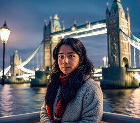 A woman standing on a bridge over the Thames River in London, England.
