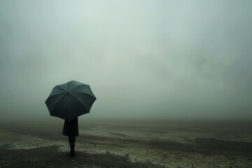 A single figure stands holding an umbrella in a vast, foggy landscape, evoking a sense of solitude. Solitude in a Misty Barren Landscape with Umbrella