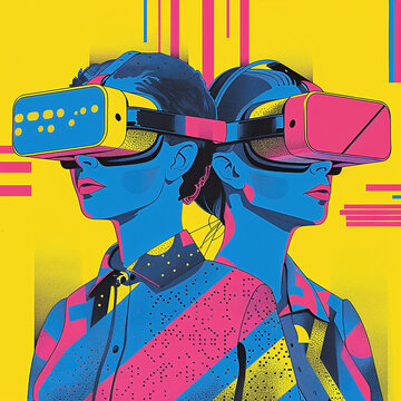 Colorful isotype illustration of two women wearing VR virtual reality gaming headsets in pink, blue and yellow.