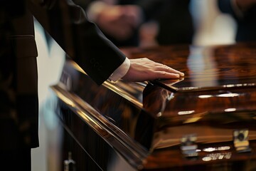 A person in formal attire places a final, tender touch on a highly polished funeral casket at a service. Final Farewell Touch to a Glossy Funeral Casket - obrazy, fototapety, plakaty