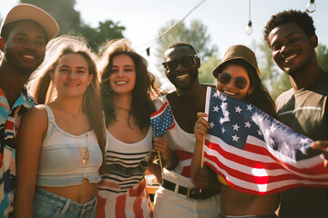 Excited happy multiracial friends different ethnicities and skin colors with American Flag at...