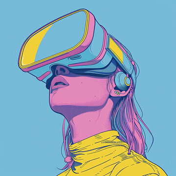 Colorful isotype illustration of a woman wearing VR virtual reality gaming headsets in pink, blue and yellow.