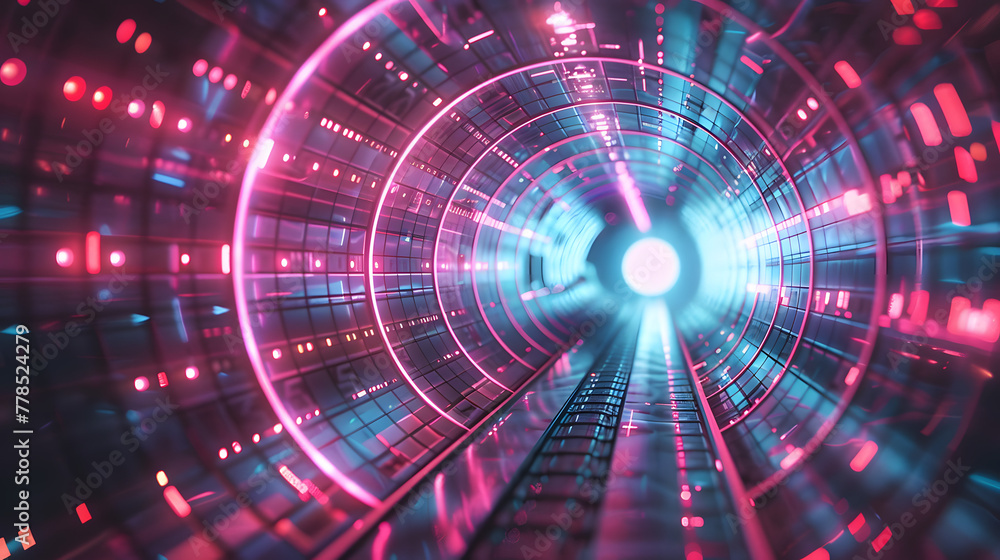 Poster digital technology background with glowing light effect and digital tunnel