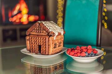 magic of an unusual gingerbread house amid festive Christmas lights. A whimsical scene capturing holiday enchantment and creative culinary delight