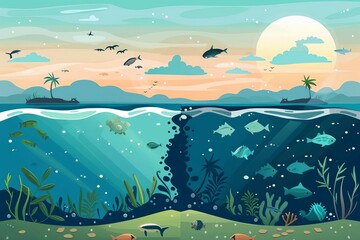 Contrasting clean and polluted ocean landscapes, environmental awareness concept illustration