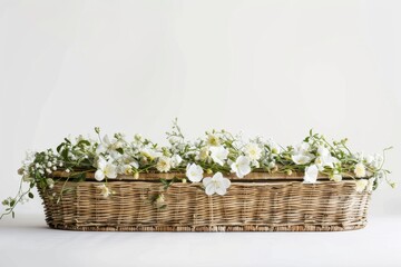 Eco-friendly wicker casket decorated with delicate white blossoms and green foliage on a white background. Wicker Coffin Adorned with White Flowers