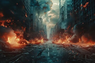 Post-apocalyptic city street with flames and distant explosions, catastrophe movie poster concept - obrazy, fototapety, plakaty