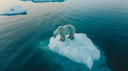 drone shot of a polar bear on a small ice floe in the middle of an ocean