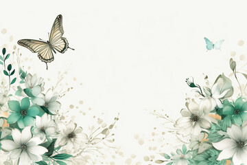 Greeting card with flowers. Green and white background with flowers and butterflies