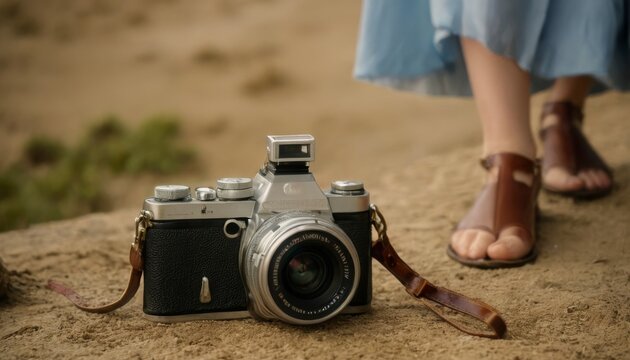 A classic film camera with a light meter rests on sandy terrain, juxtaposed with a person's feet in the background, evoking themes of travel and photography