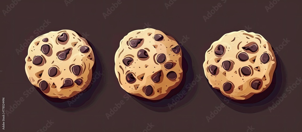 Poster three chocolate chip cookies are arranged in a line on a dark surface, highlighting the delicious ba
