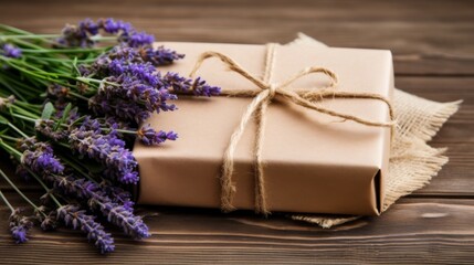 Rustic Gift Box with Lavender Bouquet on Wooden Table AI Generated