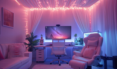 Beautiful interior photo of a PC gaming desk setup with luxury details and RGB-lighting.