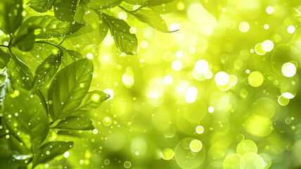 An abstract, defocused background in a vivid lime green, speckled with bright chartreuse bokeh lights, reminiscent of the first fresh leaves of spring.