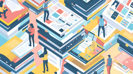 Isometric illustration of several people standing on top of and around stacks of paper
