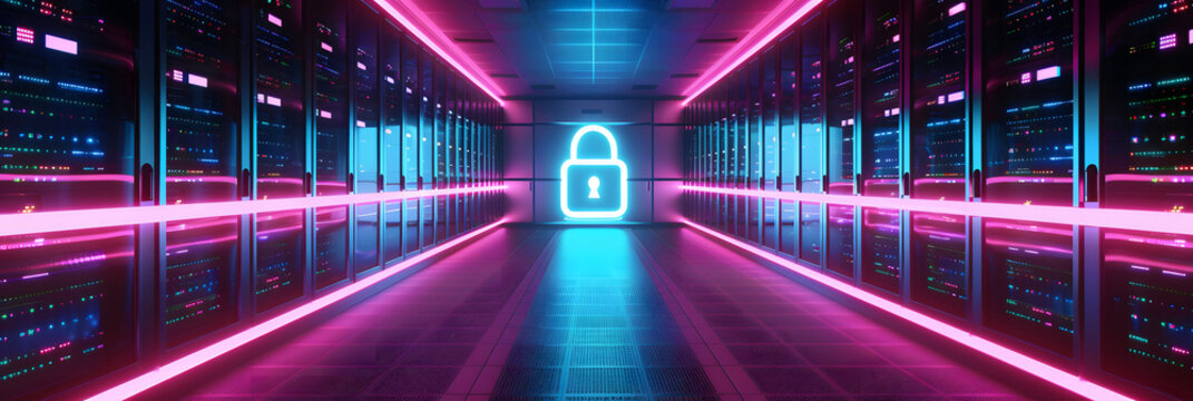 High-tech data center with a glowing digital padlock and rows of server racks